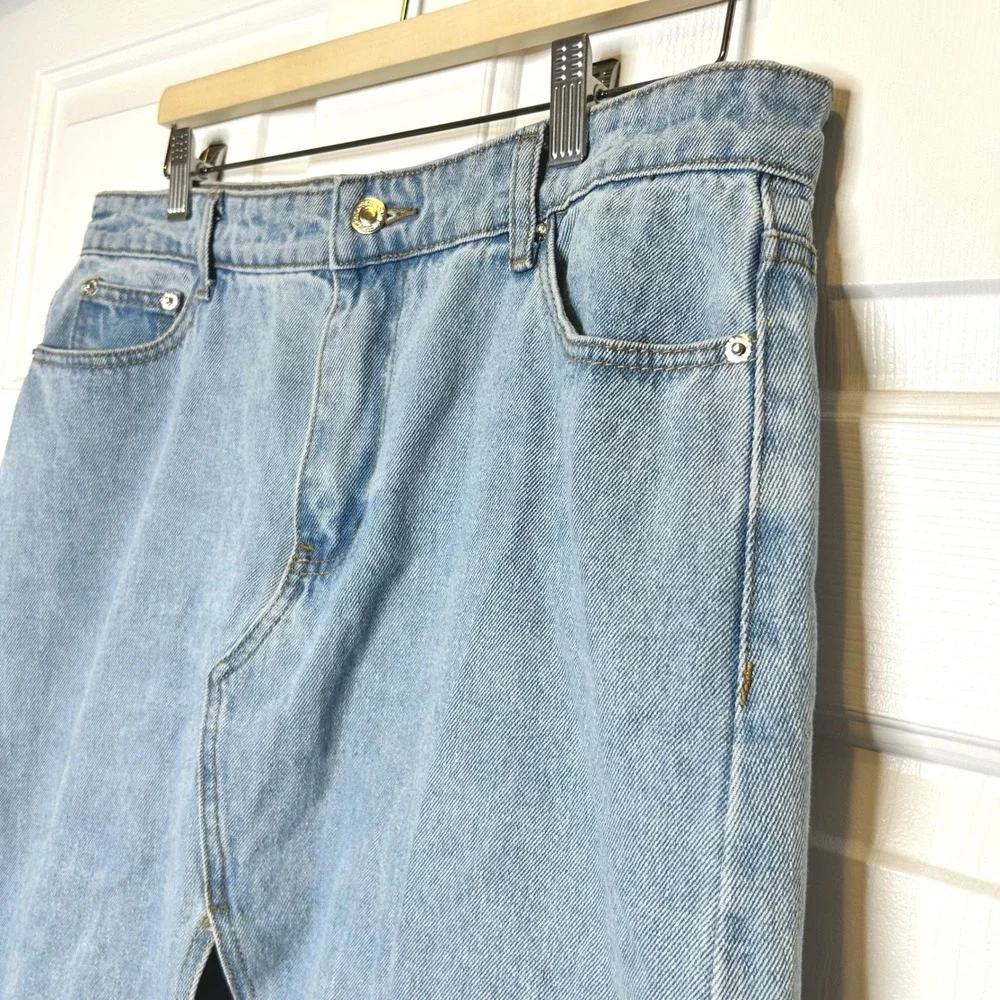 Edikted Light Wash Denim Maxi Skirt Front Slit Raw Hem Size XL‎